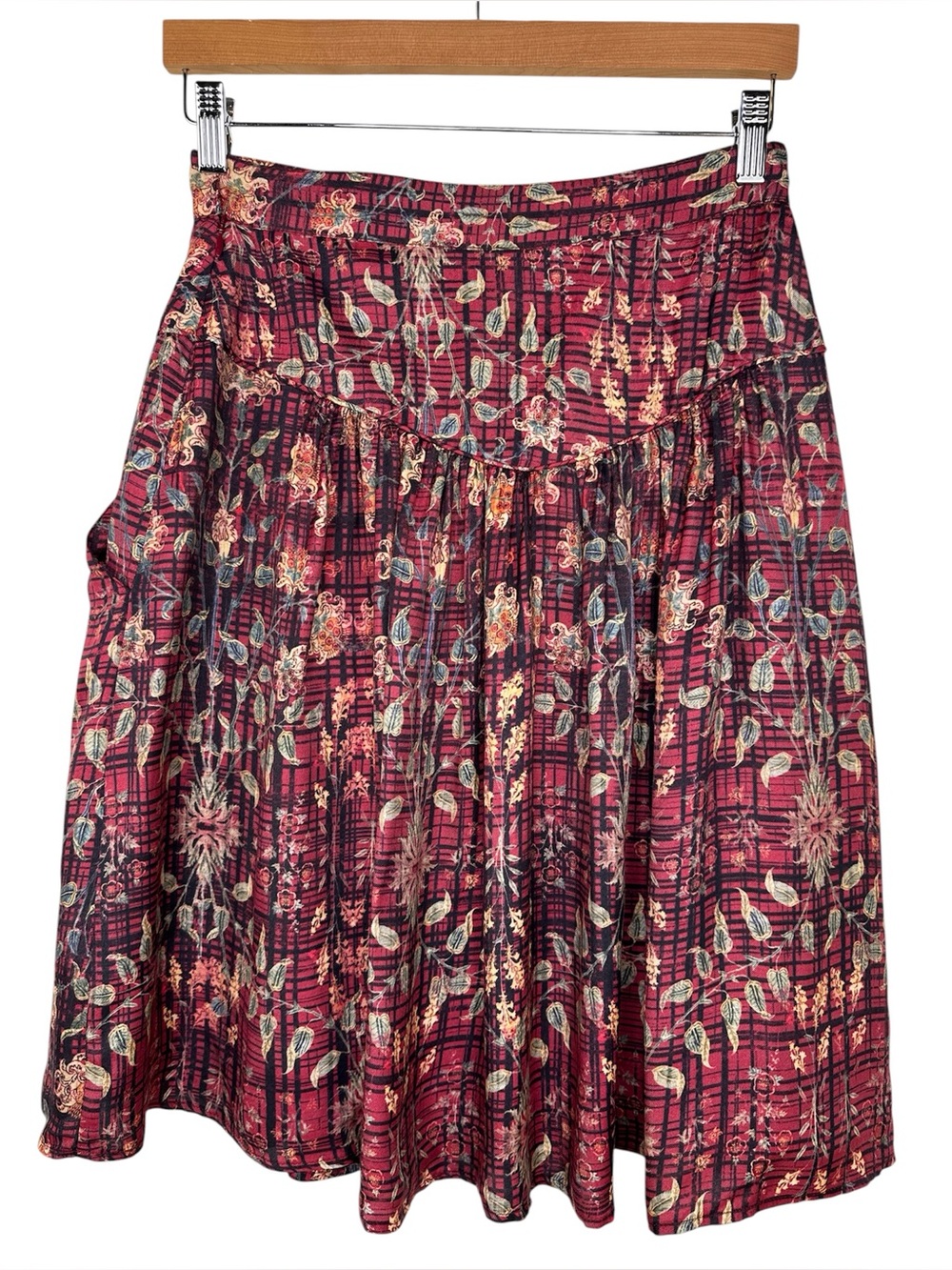 Peruvian Connection Silk Blend Red Floral Boho Lagenlook Knee Length Skirt Sz 2